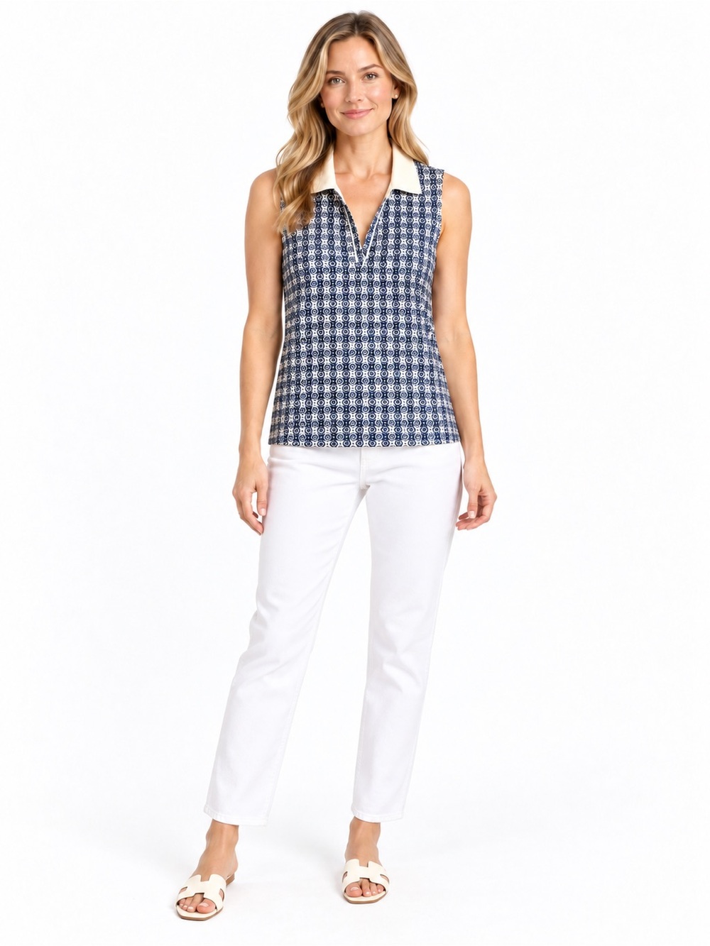 Tuckernuck Navy White Geometric Print Sleeveless Collared Top